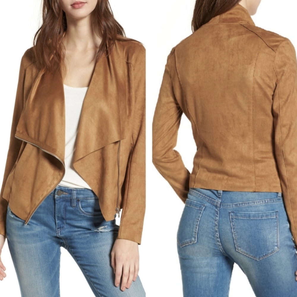 Blanknyc Drape Front Waterfall Suede Moto Jacket Camel Tan